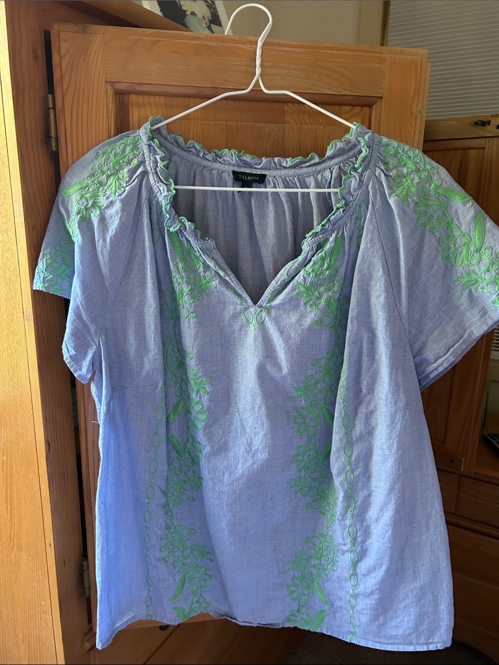 Talbots Light Blue Peasant Tunic with Green Floral Embroidery